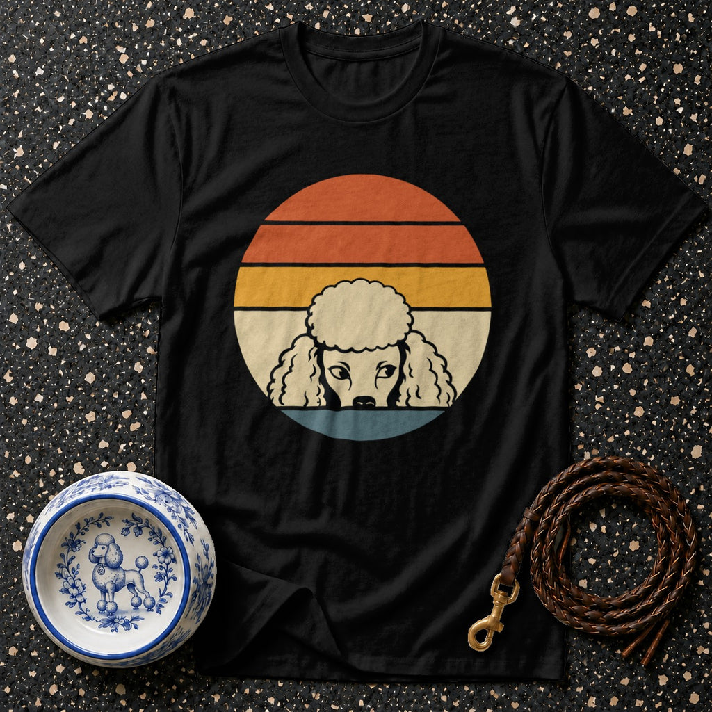 Black t-shirt with vintage poodle graphic inside a sunset circle.
