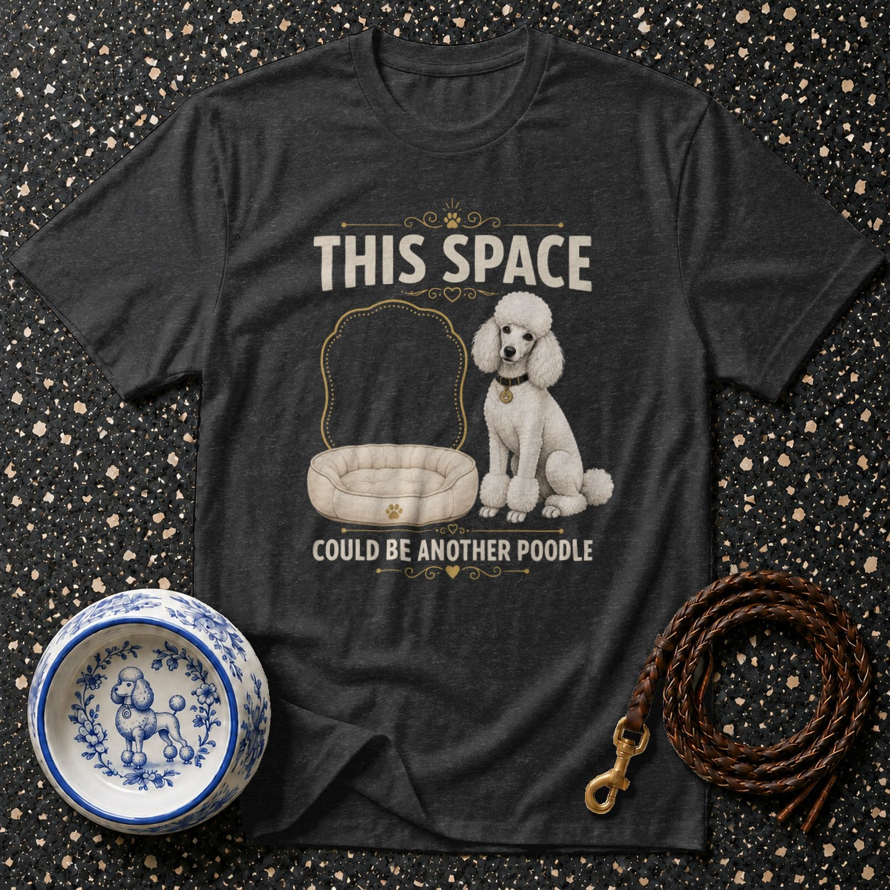 Dark t-shirt with graphic: This space could be another poodle.