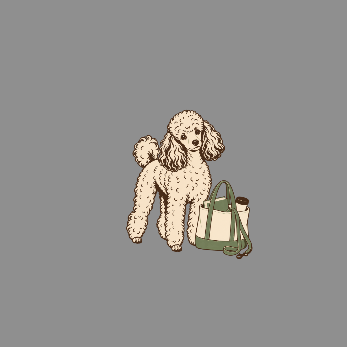 Illustration of a fluffy poodle standing next to a canvas tote bag with books and a coffee cup.