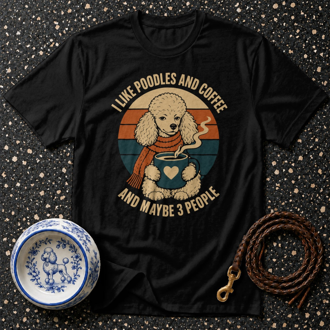 Black t-shirt with vintage poodle drinking coffee graphic and text.