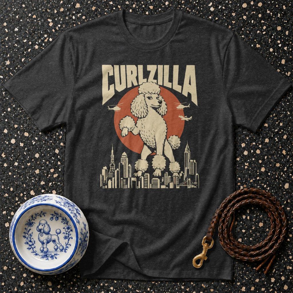 Dark t-shirt with "CURLZILLA" text above a poodle standing over a cityscape.