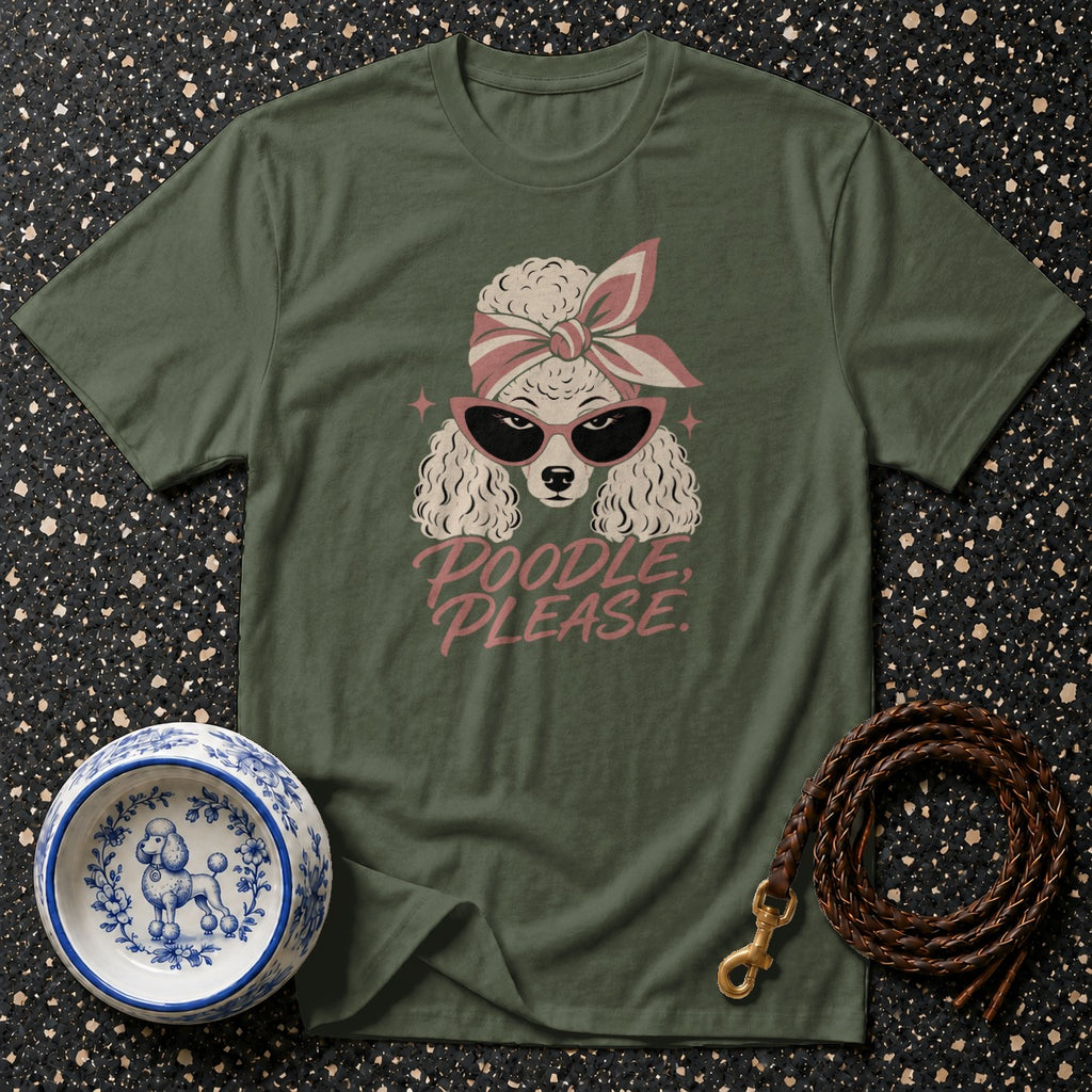 Green t-shirt with poodle graphic and "Poodle, Please." text.