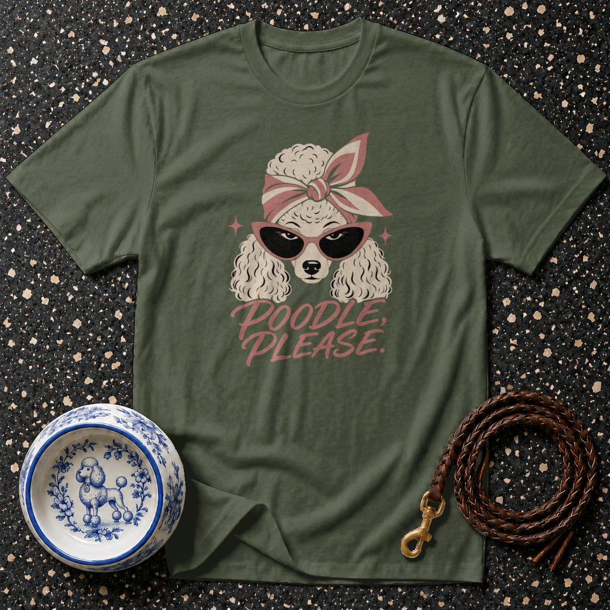 Green t-shirt with poodle graphic and "Poodle, Please." text.