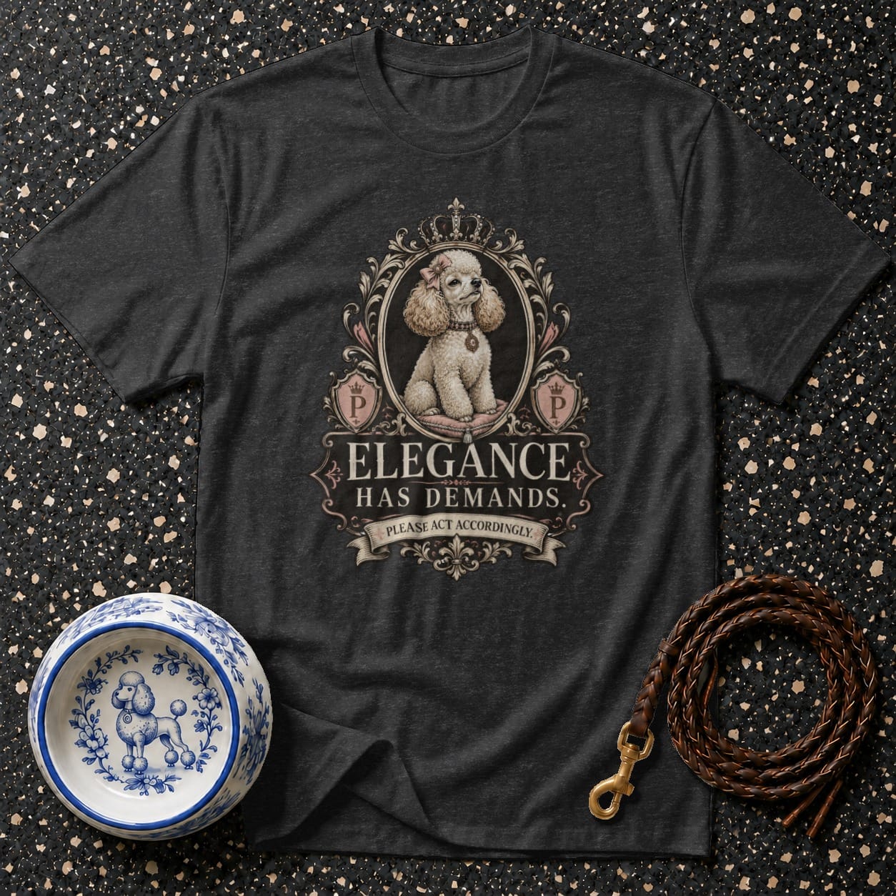 Dark grey t-shirt with poodle graphic and text "Elegance Has Demands."