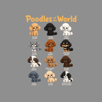 Poodles of the World chart showing apricot, black, white, silver, red, phantom, parti, café au lait, brown, blue, cream, and tuxedo-style poodles.