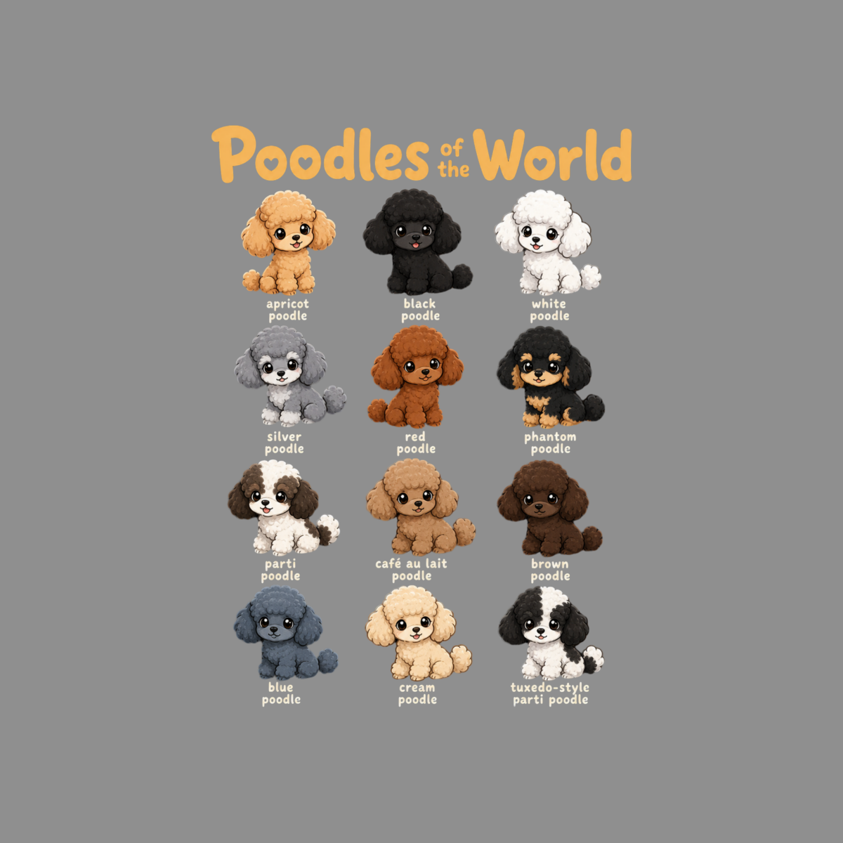 Poodles of the World chart showing apricot, black, white, silver, red, phantom, parti, café au lait, brown, blue, cream, and tuxedo-style poodles.