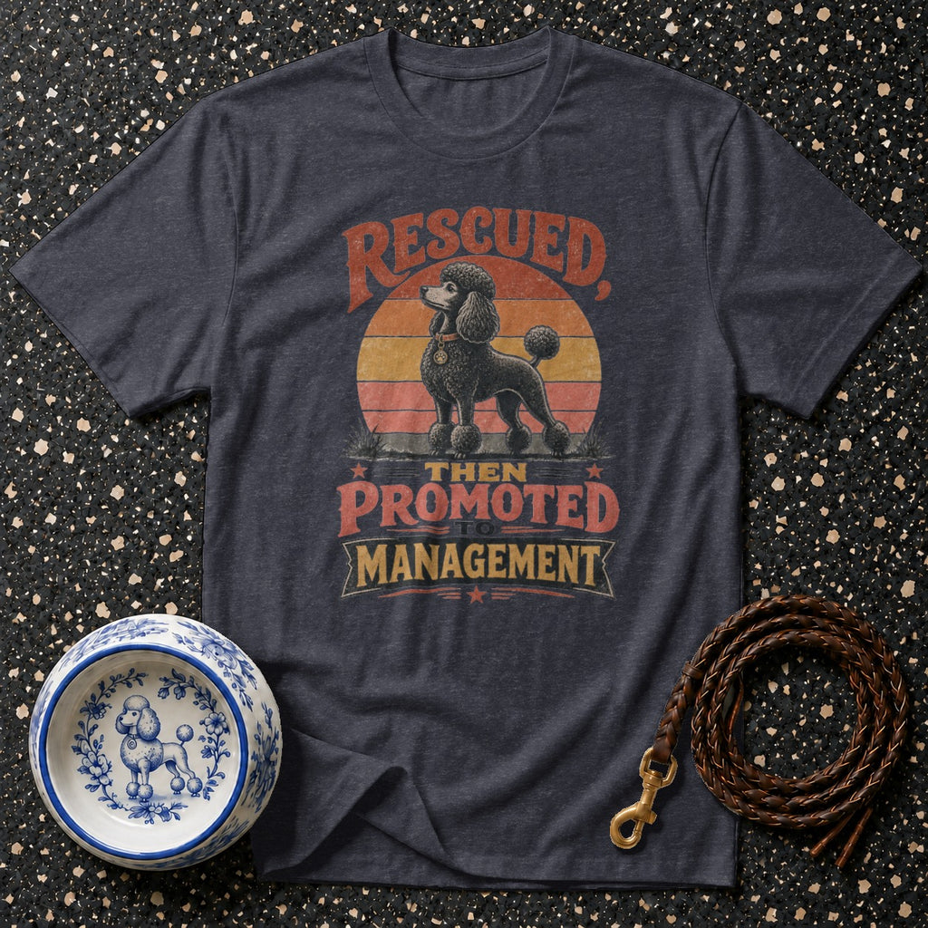 Dark grey t-shirt with vintage "rescued then promoted to management" poodle graphic.