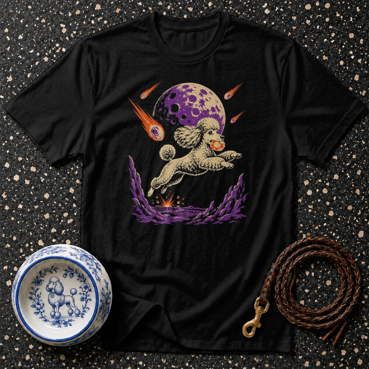 Black t-shirt with poodle jumping near purple moon and meteors.