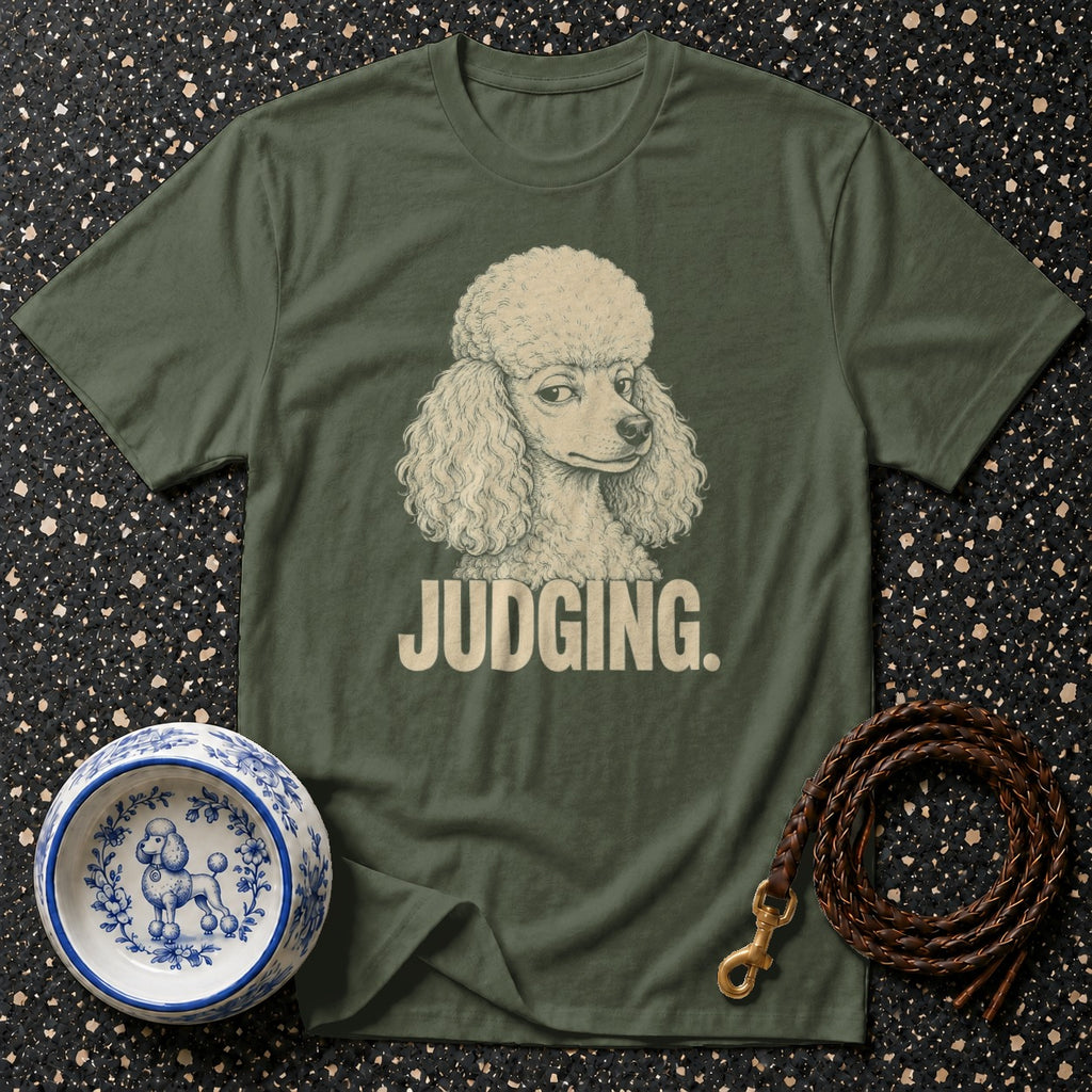 T-shirt with a poodle graphic and the text "JUDGING."