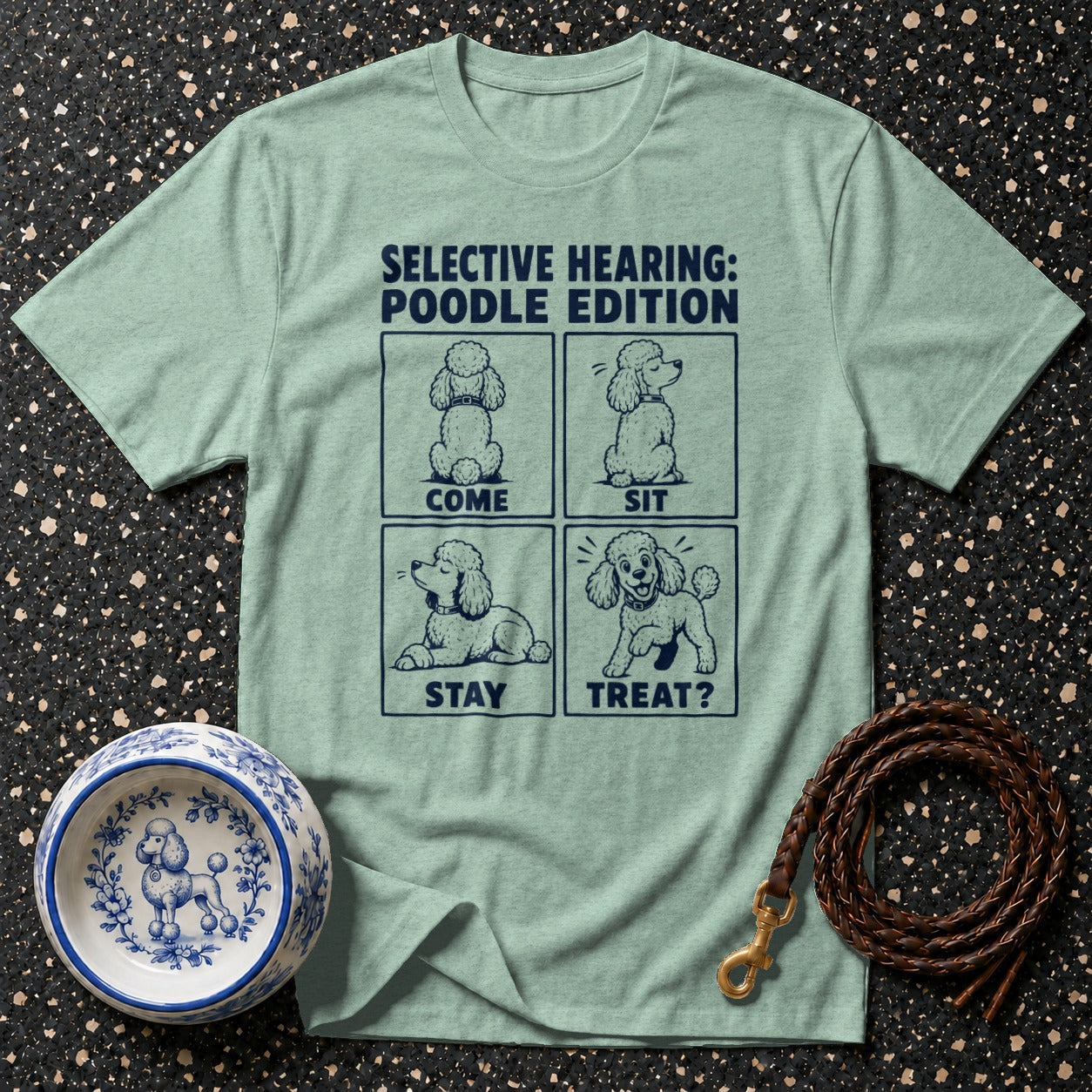 Light green t-shirt with "Selective Hearing: Poodle Edition" and four poodle illustrations.