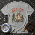 Grey t-shirt with "Go Explore" and poodle on mountain, with "Remain High" text.