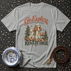 Grey t-shirt with "Go Explore" and poodle on mountain, with "Remain High" text.