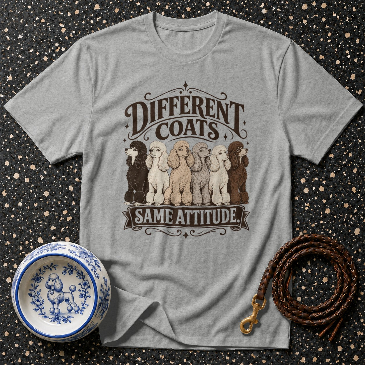 Grey t-shirt with five poodles and text "DIFFERENT COATS SAME ATTITUDE".