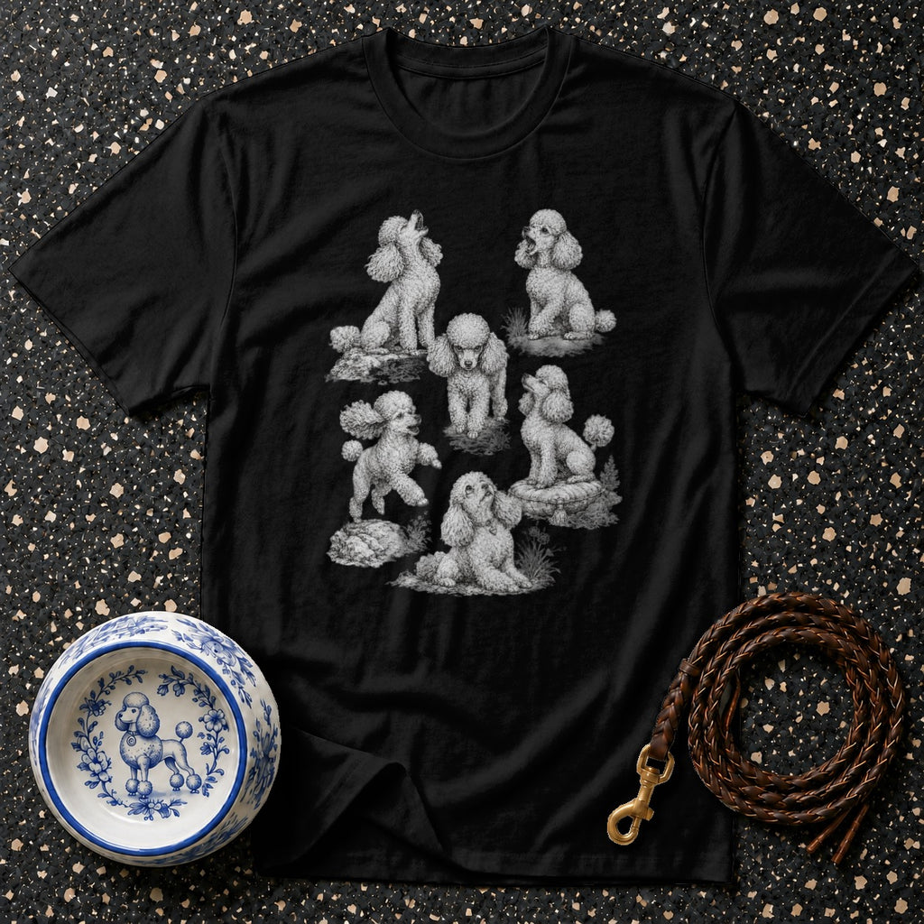 Black t-shirt with seven sketched poodles in various poses.