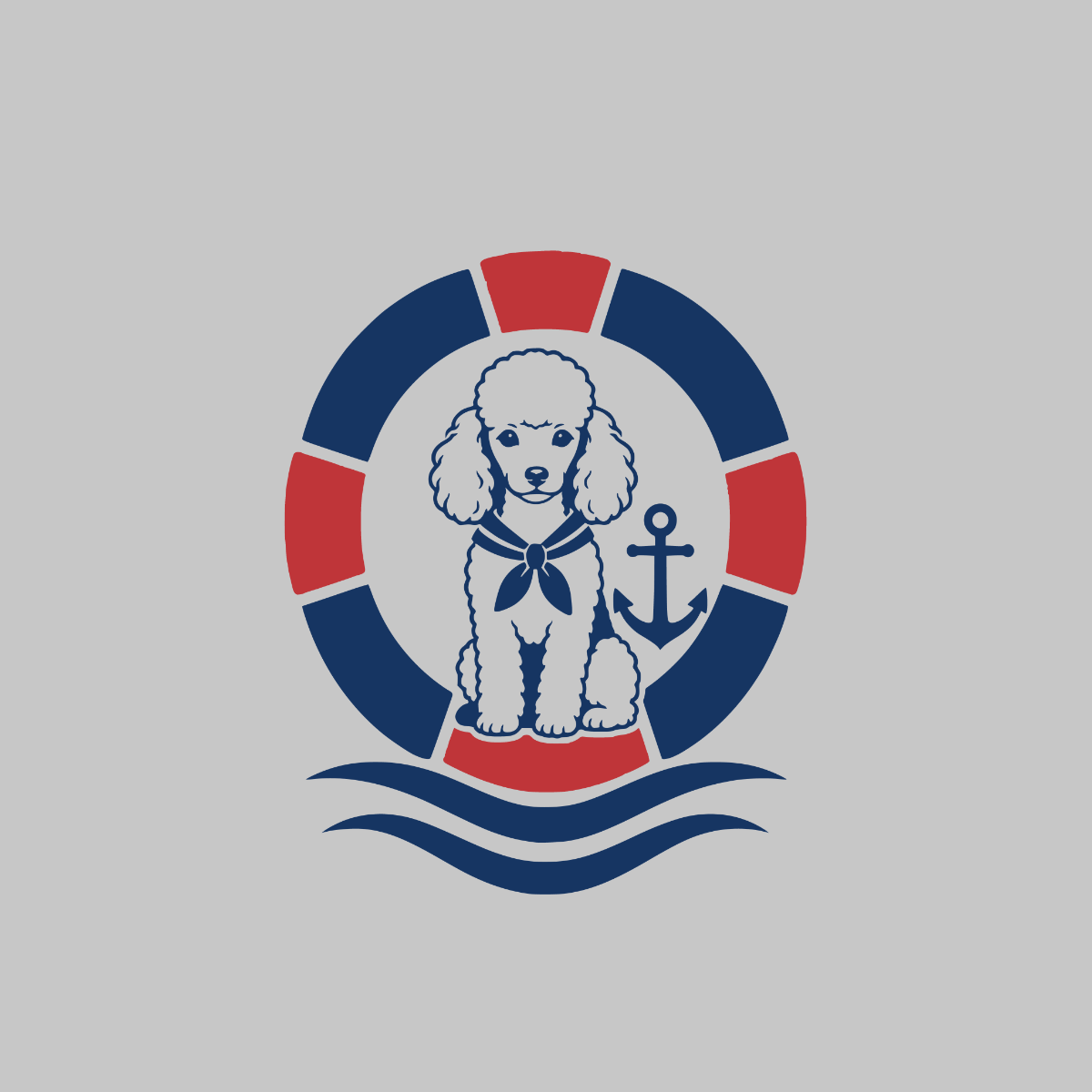 Poodle in sailor outfit sitting in front of life preserver with anchor and waves.