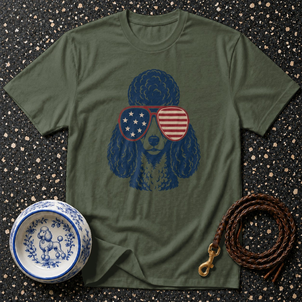 Green t-shirt with blue poodle wearing American flag sunglasses