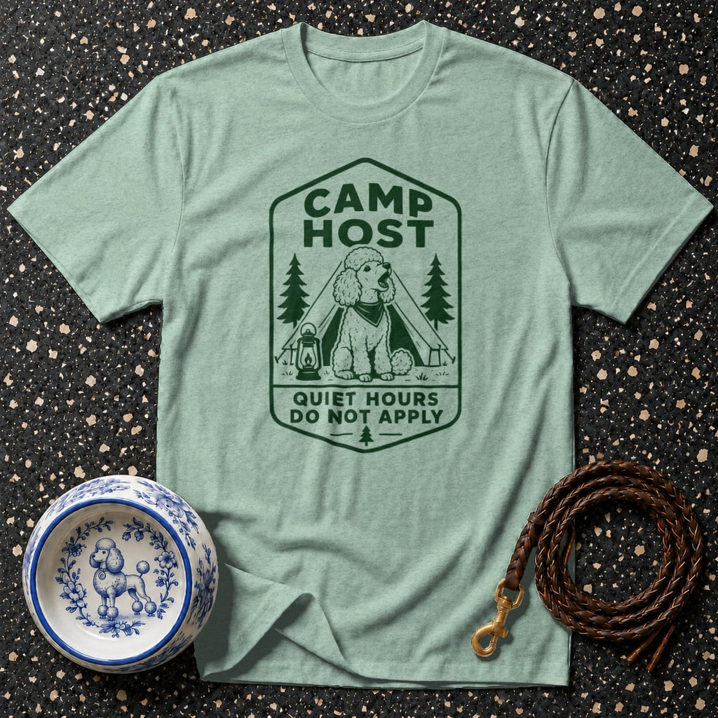 Light green t-shirt with "Camp Host Quiet Hours Do Not Apply" graphic featuring a poodle.