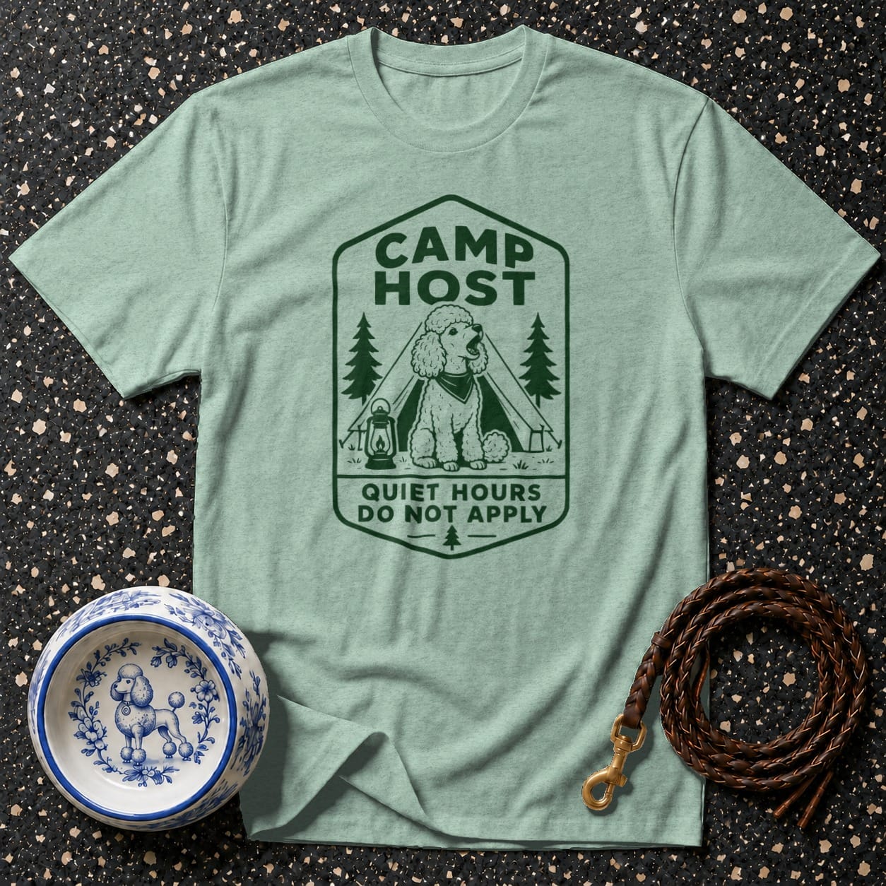 Light green t-shirt with "Camp Host Quiet Hours Do Not Apply" graphic featuring a poodle.