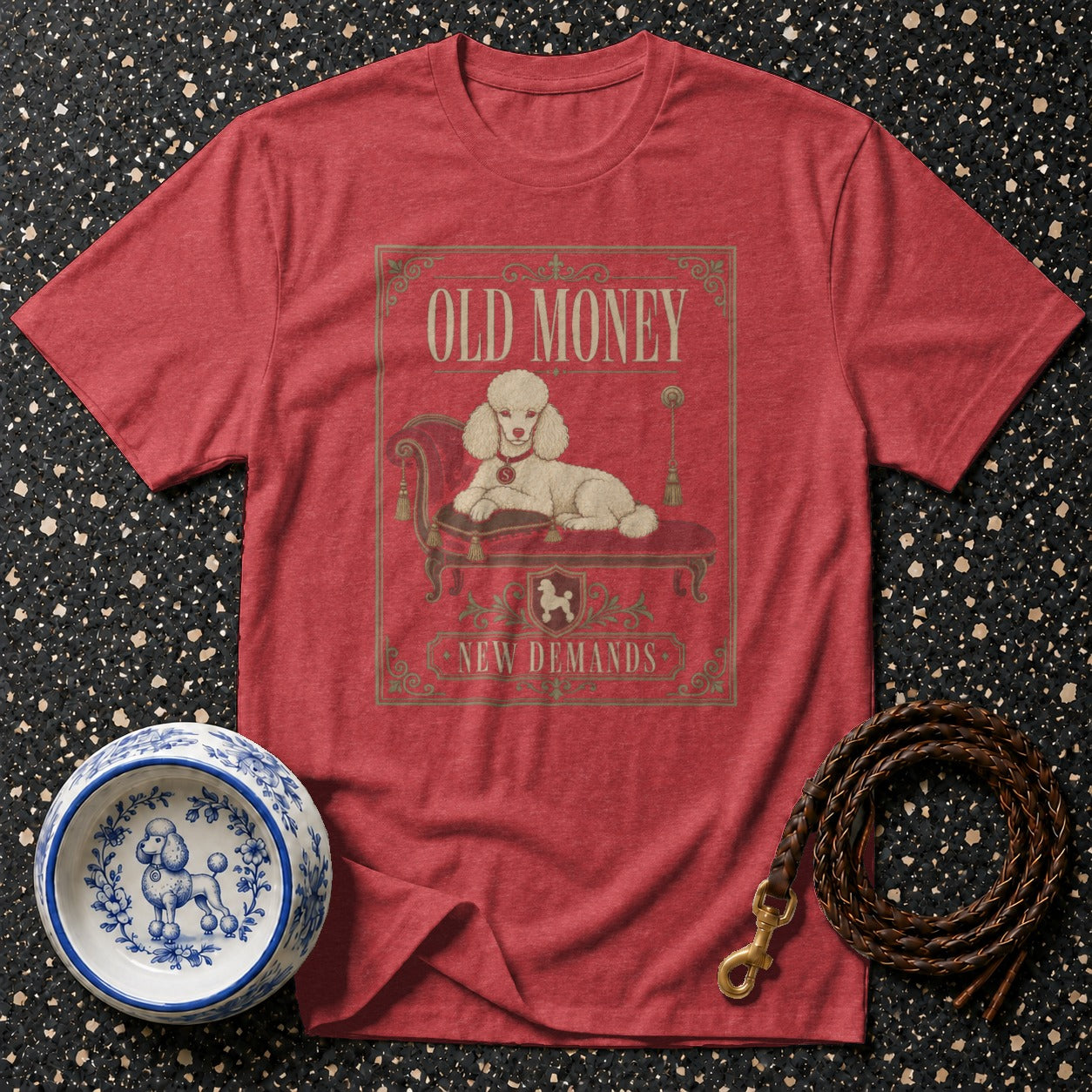 Red t-shirt with "Old Money New Demands" text and poodle graphic.