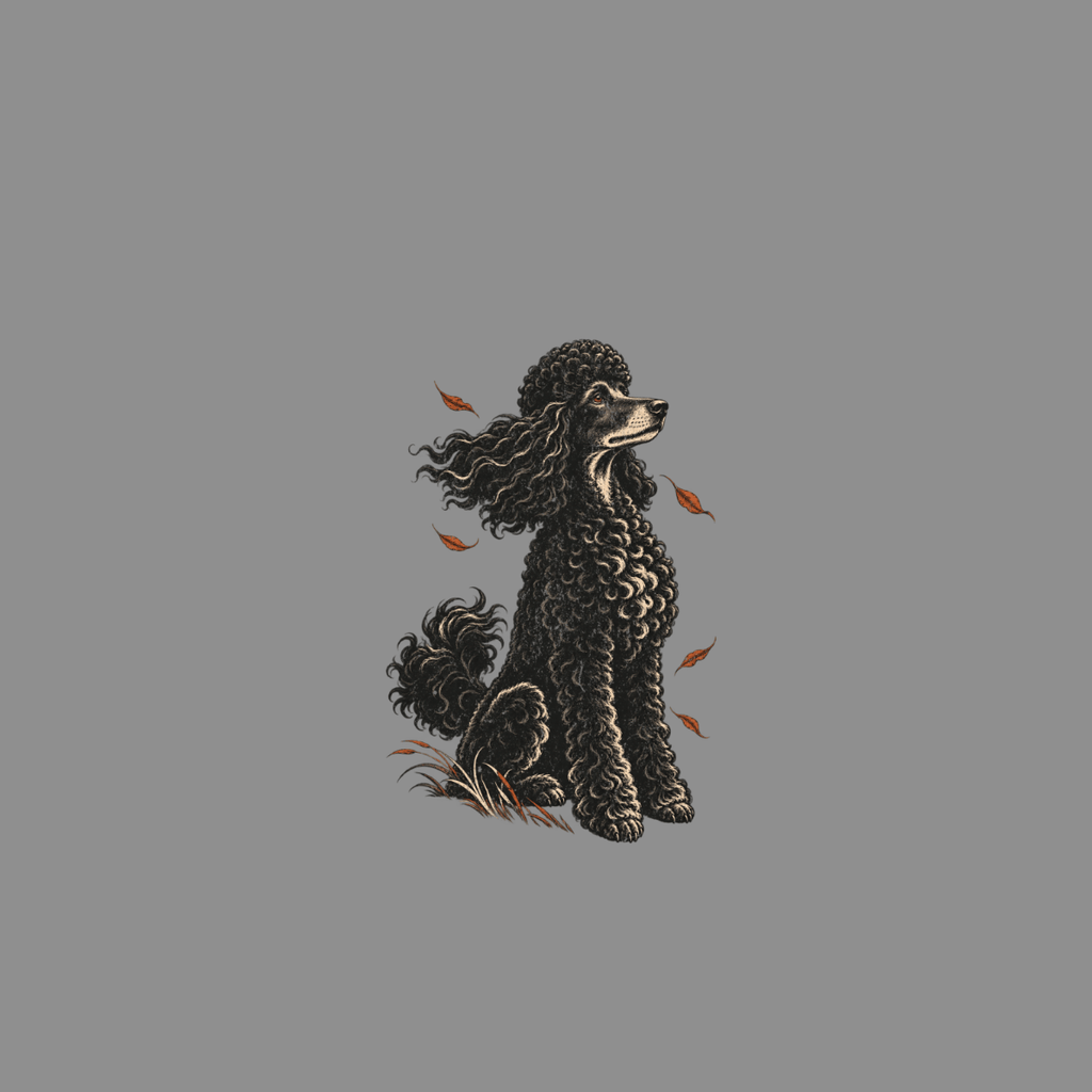 Black poodle with curly fur sitting with autumn leaves falling.