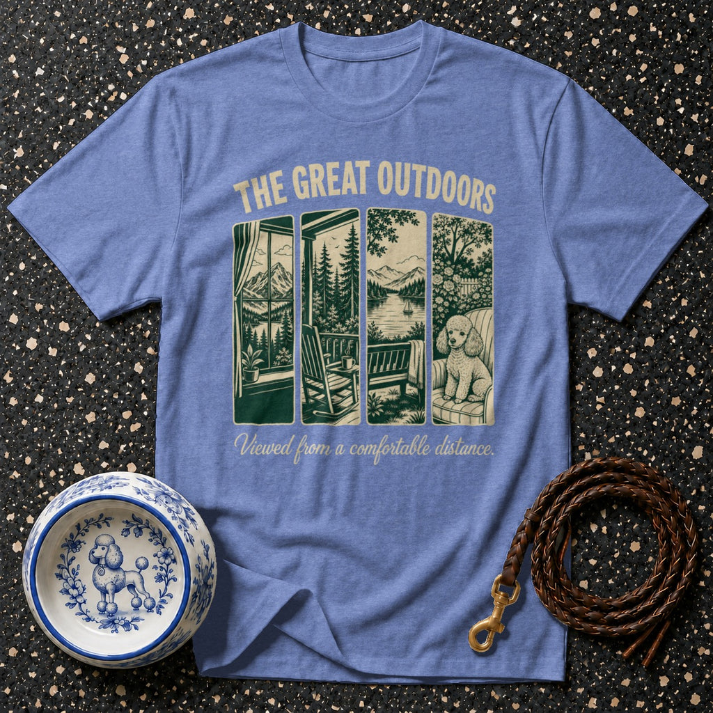 Blue t-shirt with "The Great Outdoors" text and scenes of nature viewed from indoors.