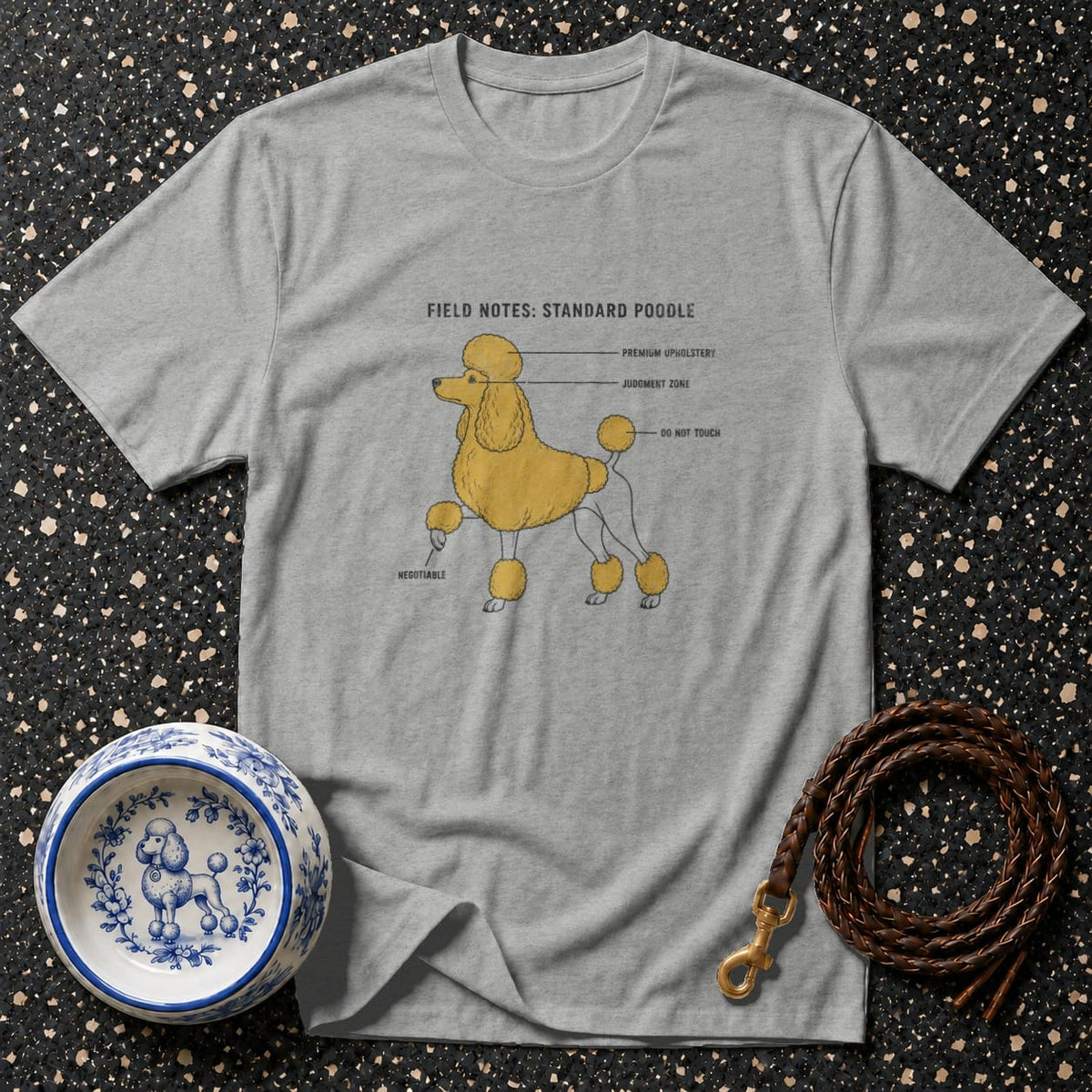 Gray t-shirt with a humorous diagram of a standard poodle.