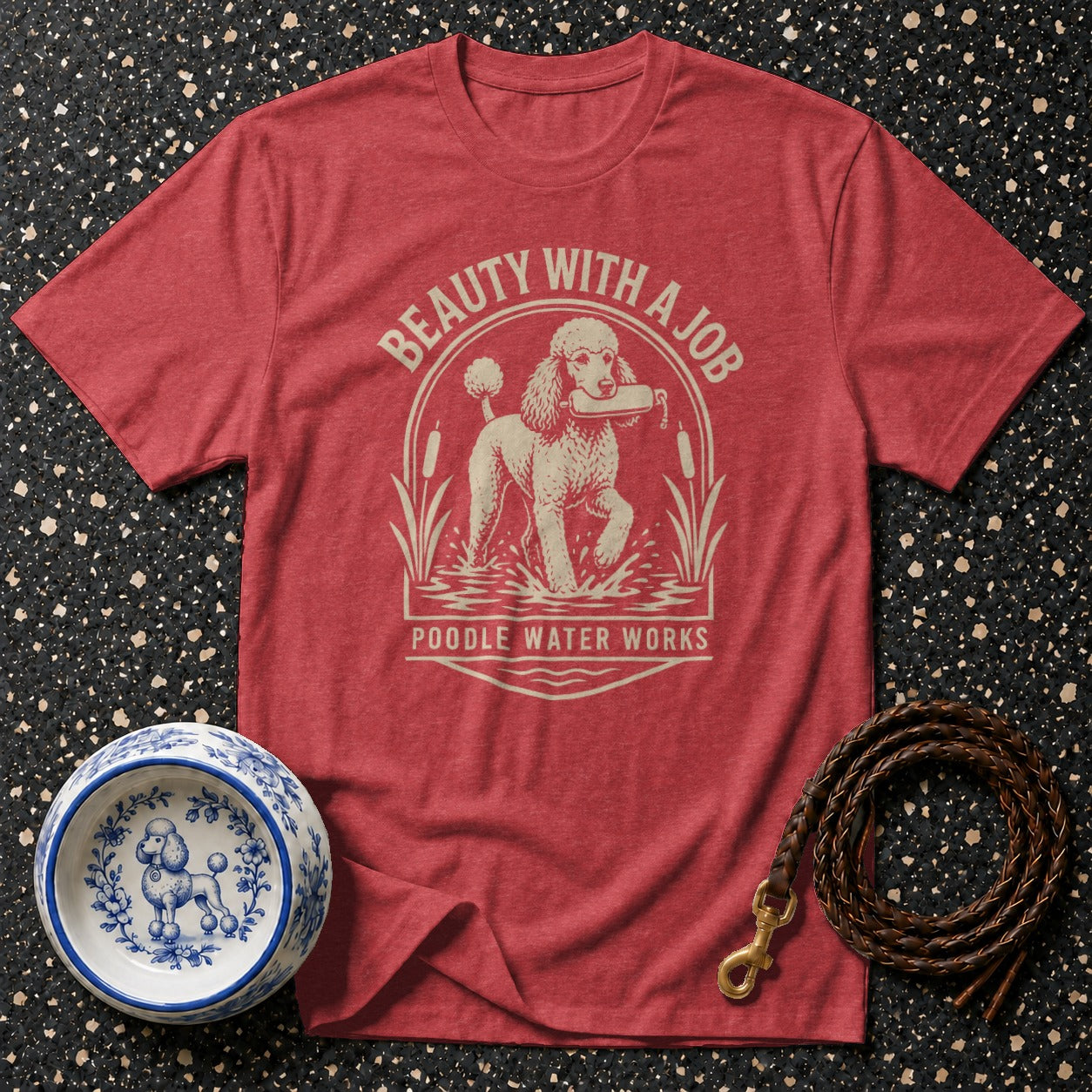 Red t-shirt with Poodle in water graphic and text "Beauty With a Job Poodle Water Works".