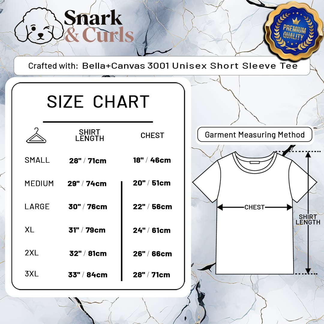 Size chart for Bella+Canvas 3001 unisex t-shirt with length and chest measurements.
