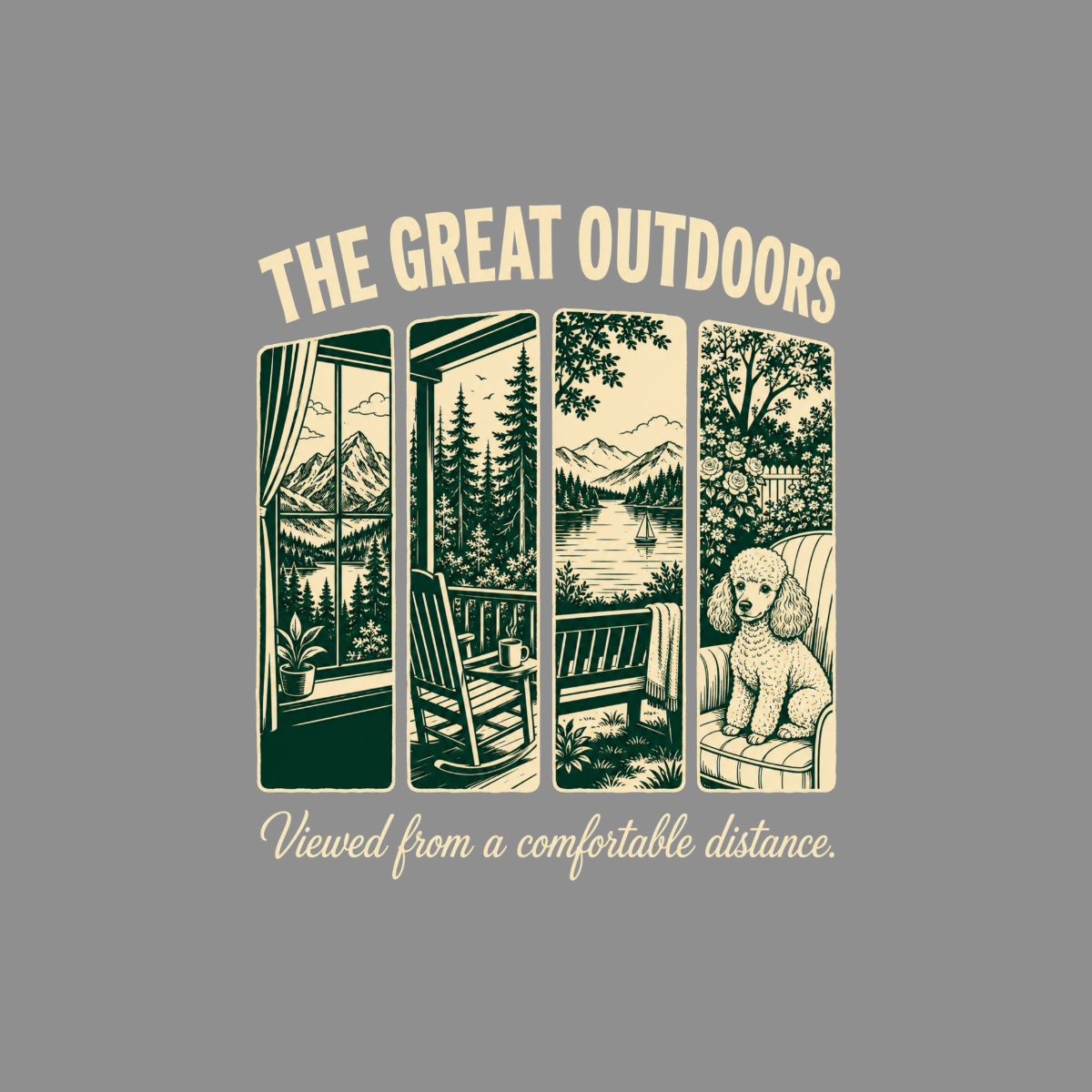 "The Great Outdoors" text above four panels of nature scenes and a poodle in a chair.