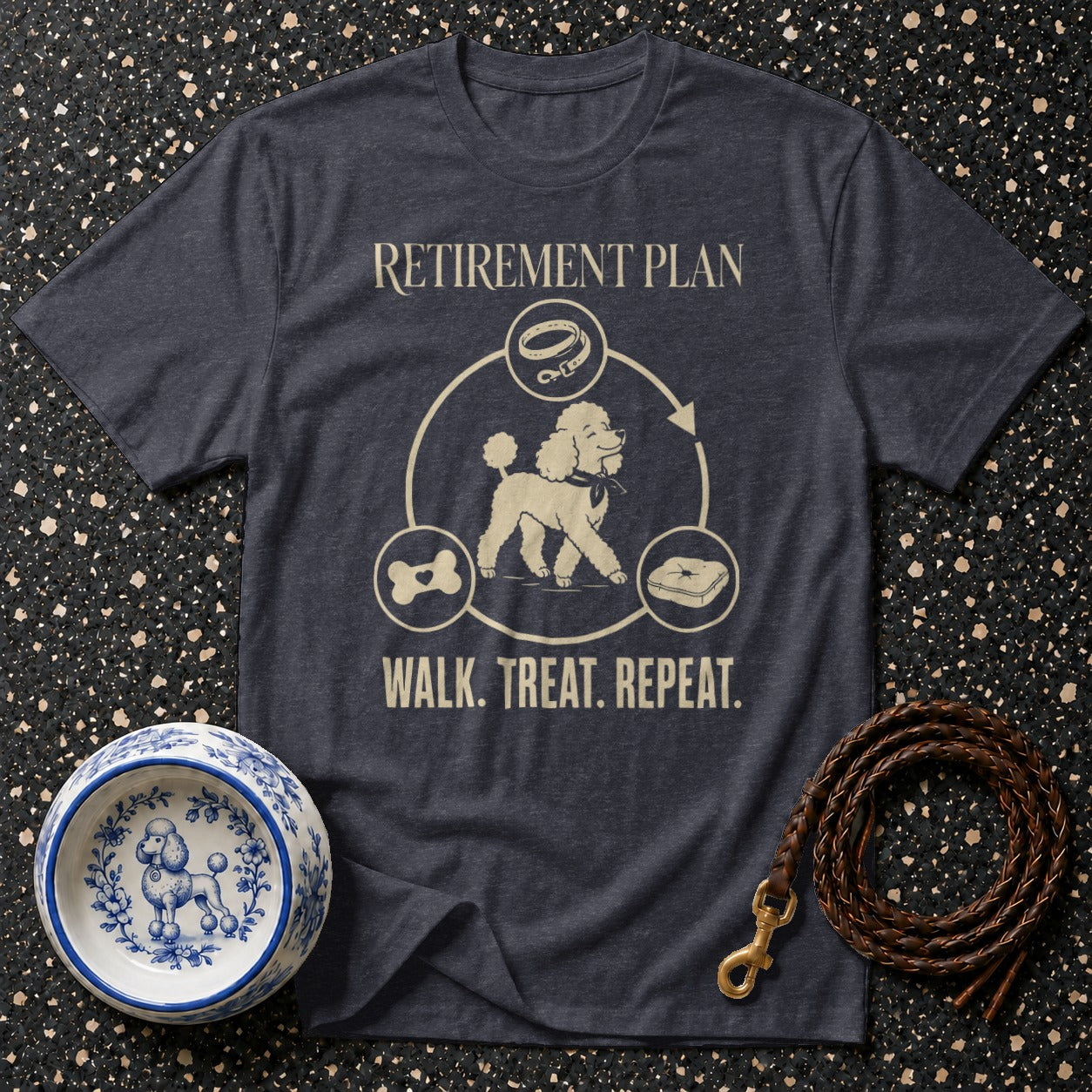 Dark gray t-shirt with "Retirement Plan Walk. Treat. Repeat." design featuring a poodle.