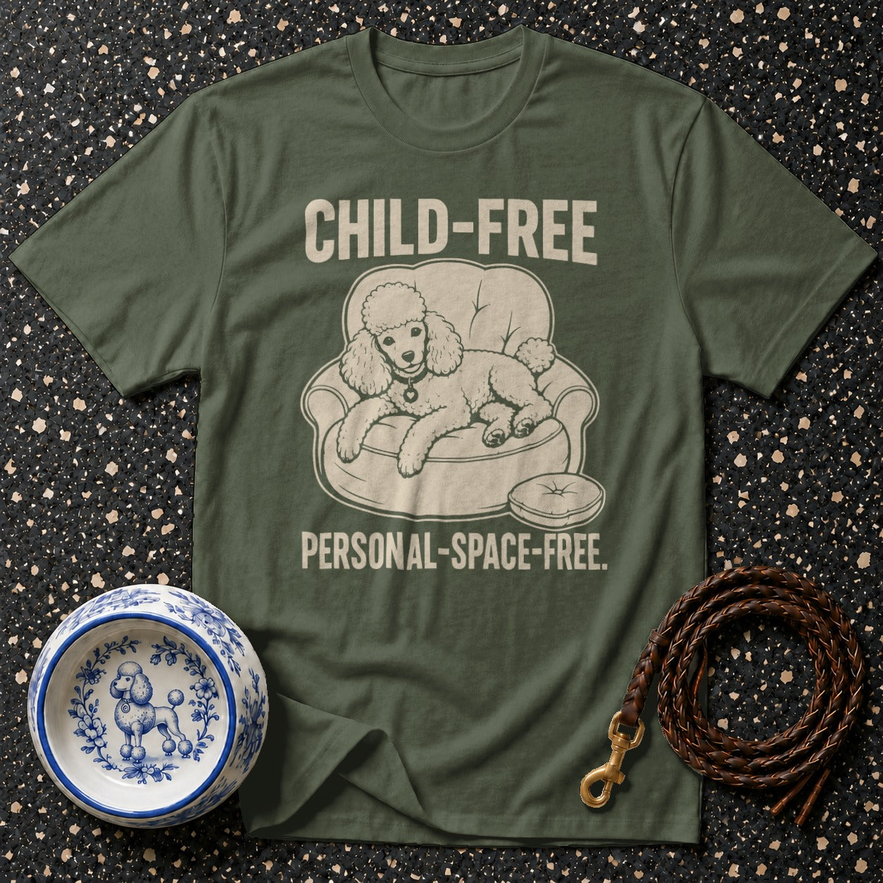 T-shirt with poodle on couch, text "CHILD-FREE PERSONAL-SPACE-FREE."