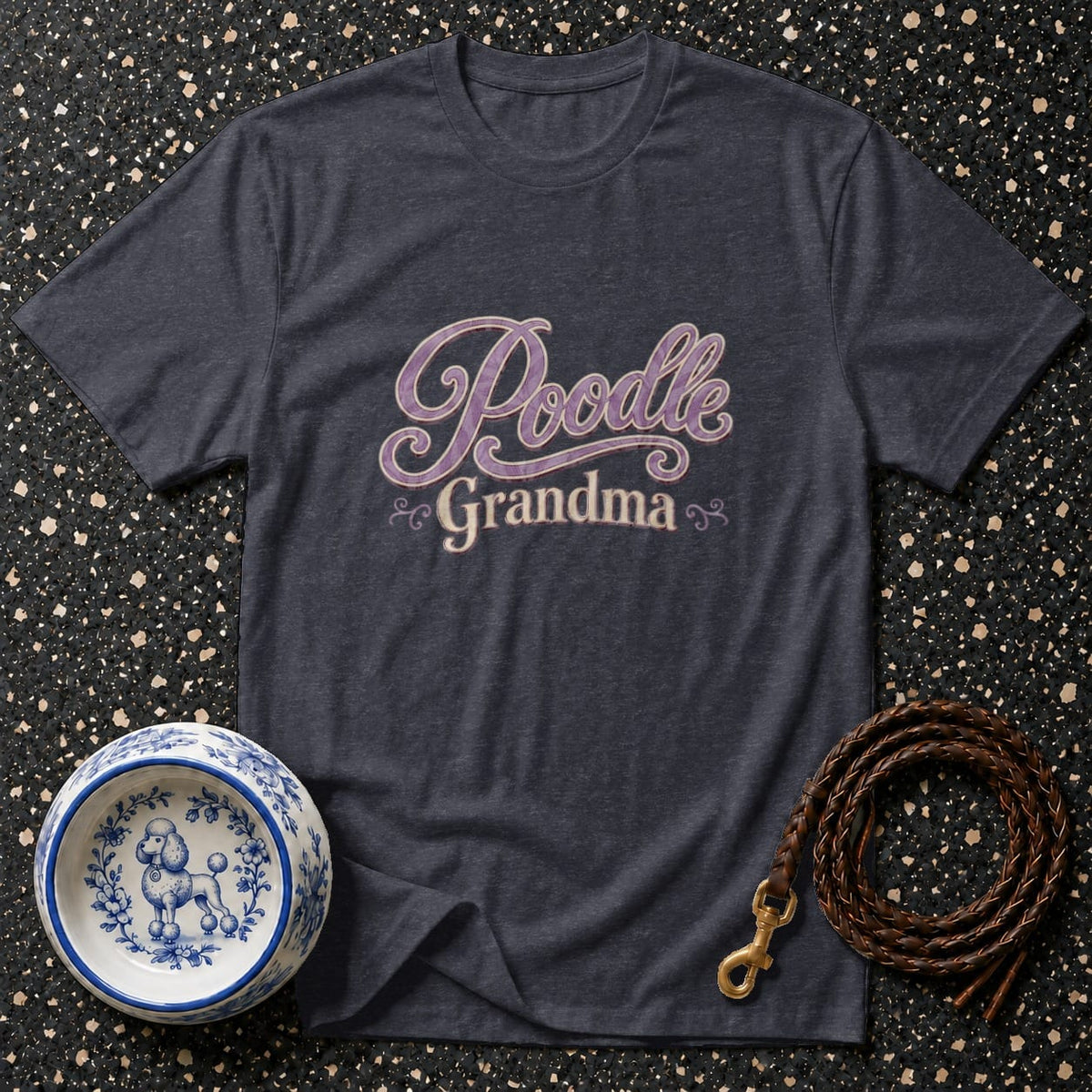 Dark gray t-shirt with "Poodle Grandma" text, dog bowl, and braided leash.