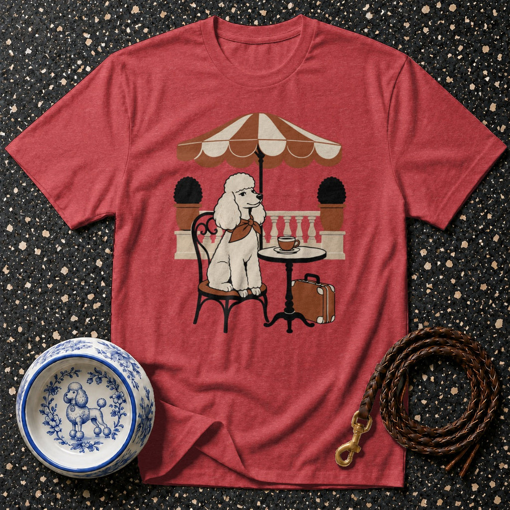 Red t-shirt with illustration of a poodle at a cafe table.