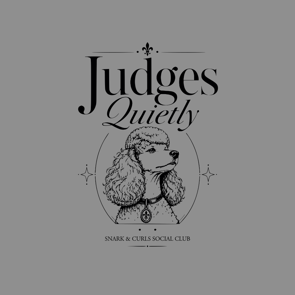 Judges Quietly logo with poodle illustration and "SNARK & CURLS SOCIAL CLUB" text