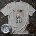 Grey t-shirt with poodle graphic and text "Silently Judging".