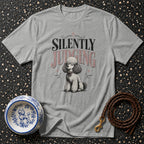 Grey t-shirt with poodle graphic and text "Silently Judging".