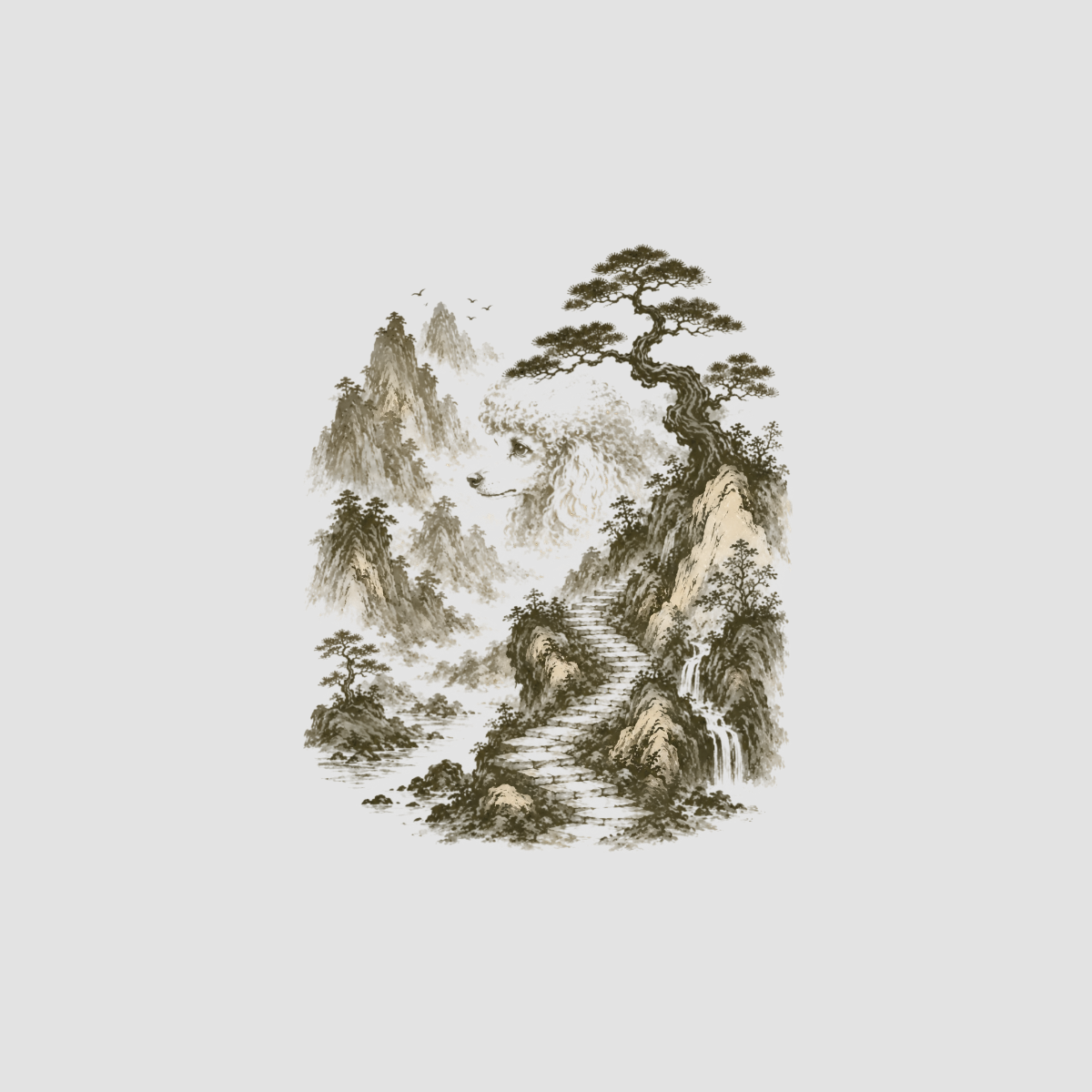 Traditional ink painting of a white dog face emerging from misty mountains with a stone staircase.