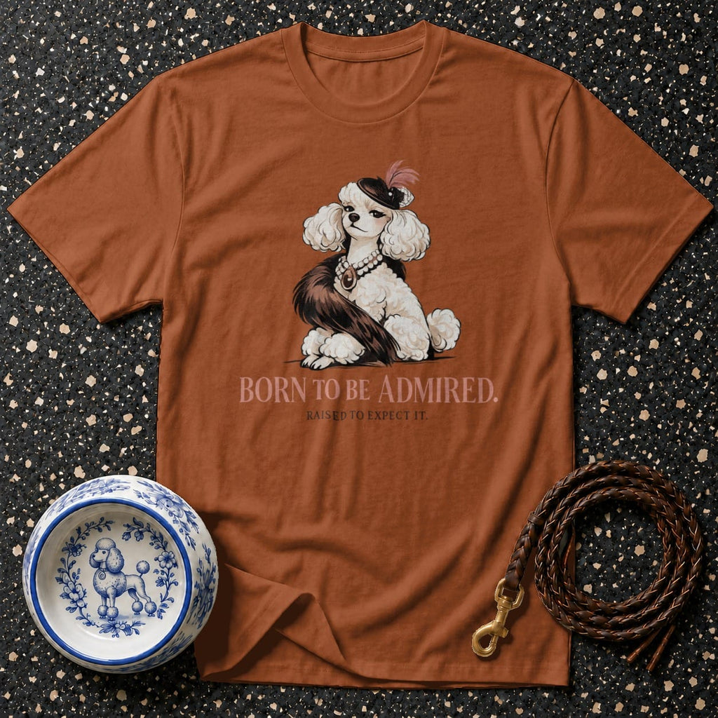 Brown t-shirt with poodle illustration, "Born to Be Admired" text, bowl, and leash.