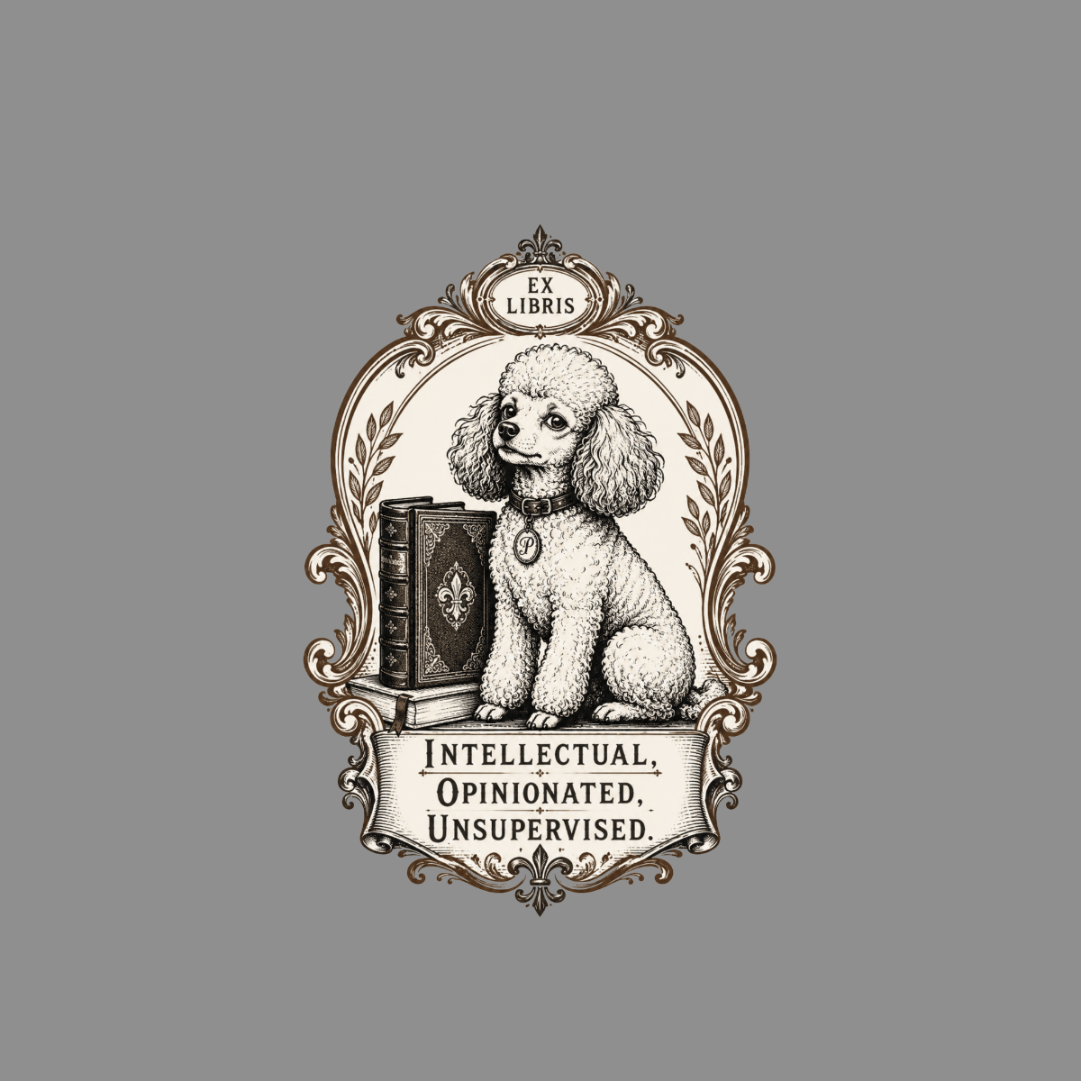 Poodle sits by books with "EX LIBRIS" and "INTELLECTUAL, OPINIONATED, UNSUPERVISED" text.