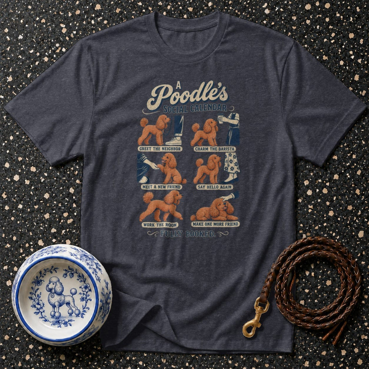 T-shirt with "A Poodle's Social Calendar" graphic and dog illustrations.