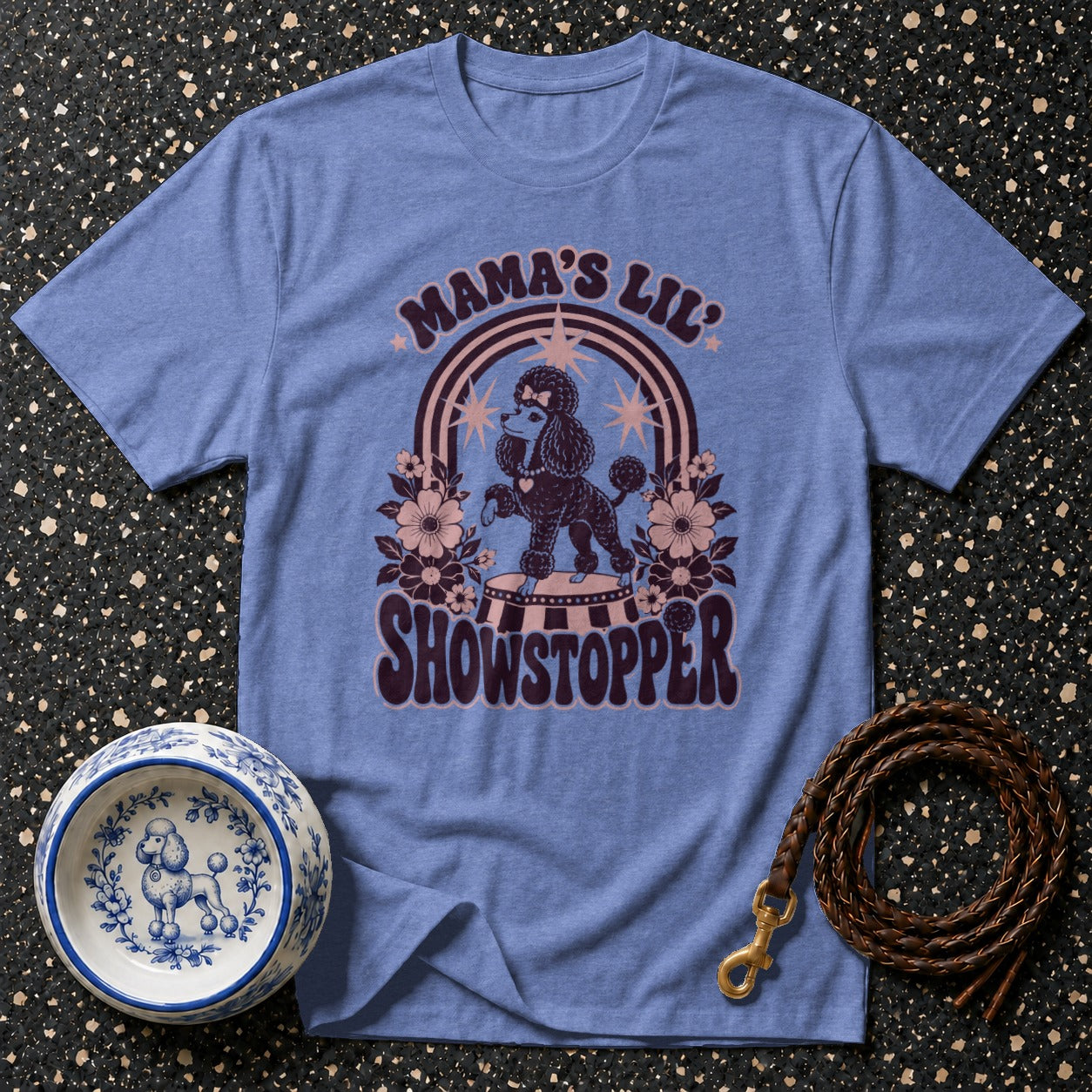 Blue t-shirt with poodle graphic reading "Mama's Lil' Showstopper".