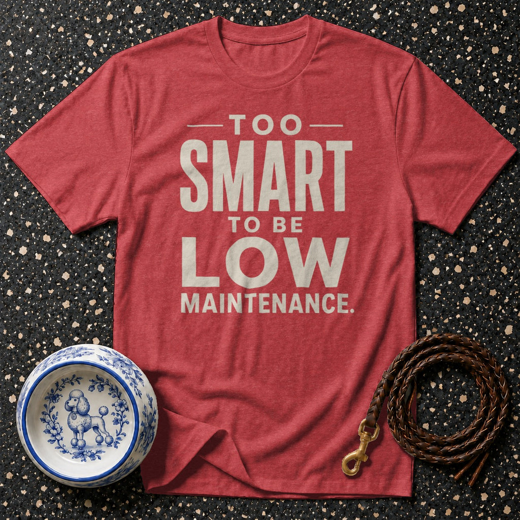 Red t-shirt with graphic text "TOO SMART TO BE LOW MAINTENANCE."