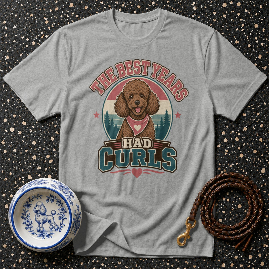 Gray t-shirt with a cartoon brown poodle and text "The Best Years Had Curls".