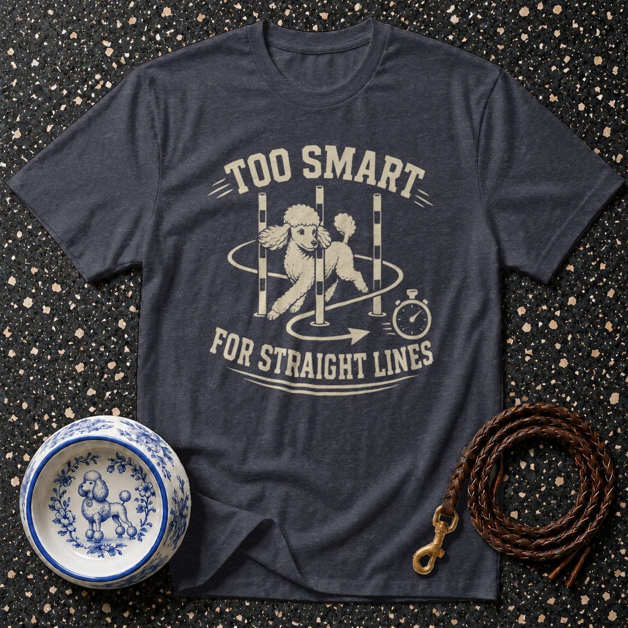 Dark grey t-shirt with a poodle agility design and the text "Too Smart For Straight Lines".