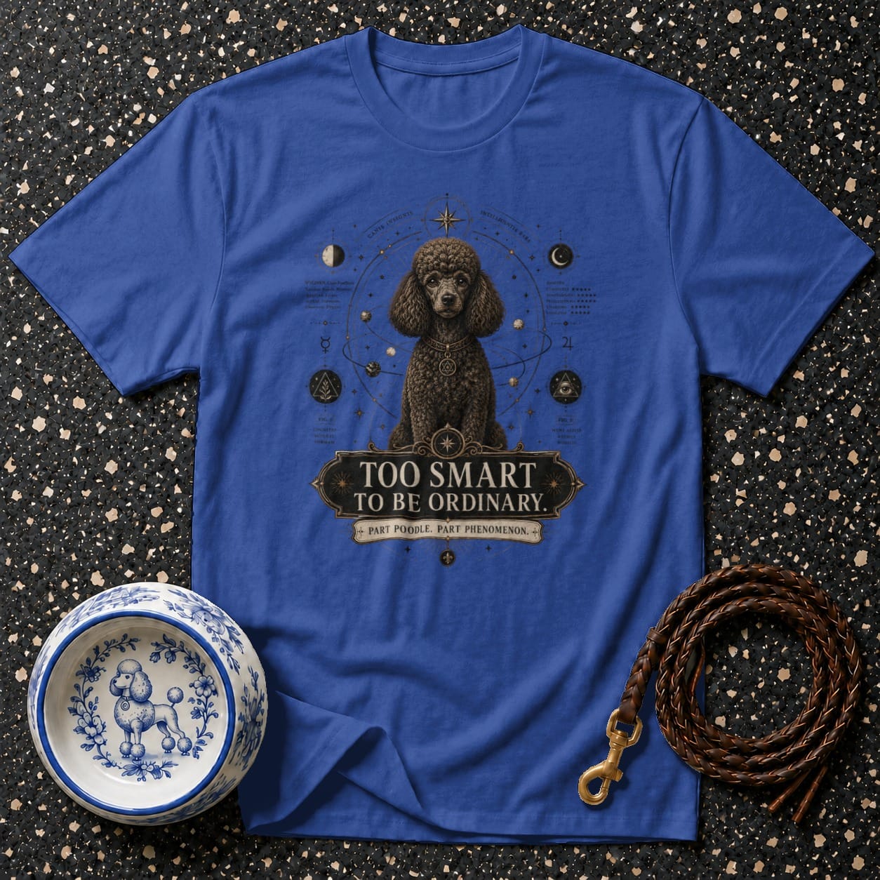 Blue t-shirt with brown poodle graphic, celestial design, and text.