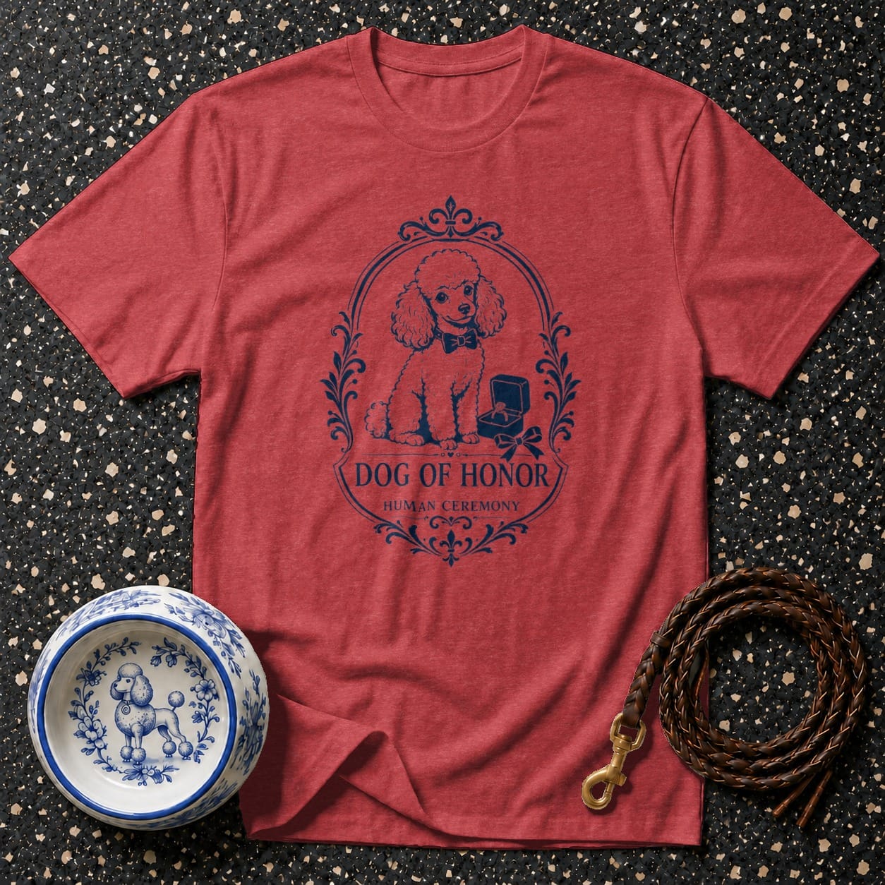 Red t-shirt with a poodle graphic and text "DOG OF HONOR HUMAN CEREMONY."