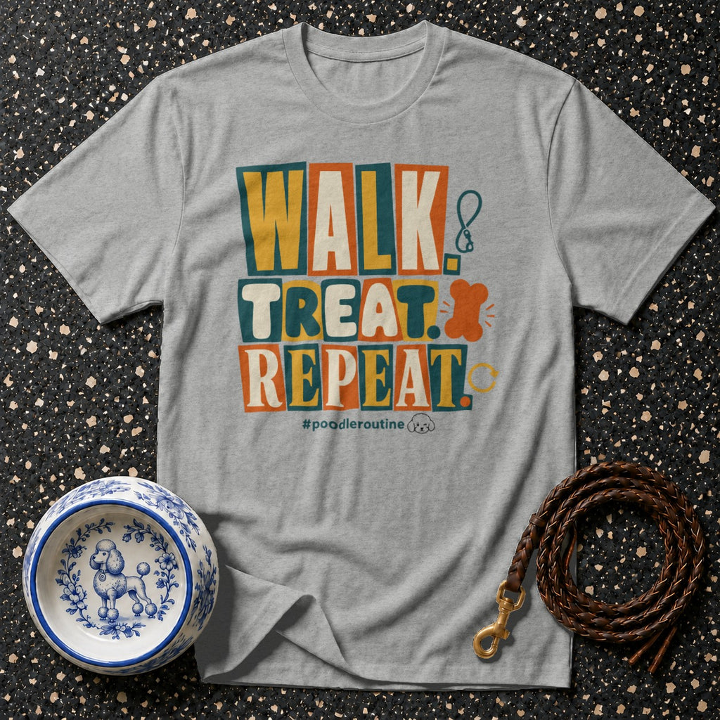 Grey t-shirt with "WALK TREAT REPEAT" text, poodle bowl, and leash.