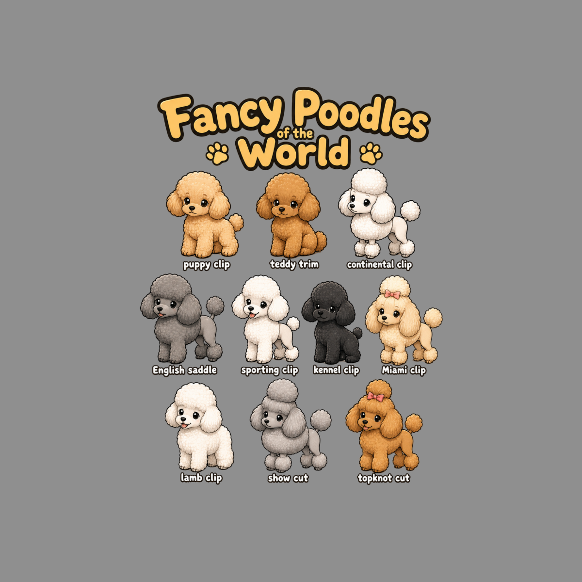 Various poodles in different coat clips: puppy, teddy, continental, English saddle, sporting, kennel, Miami, lamb, show, and topknot.