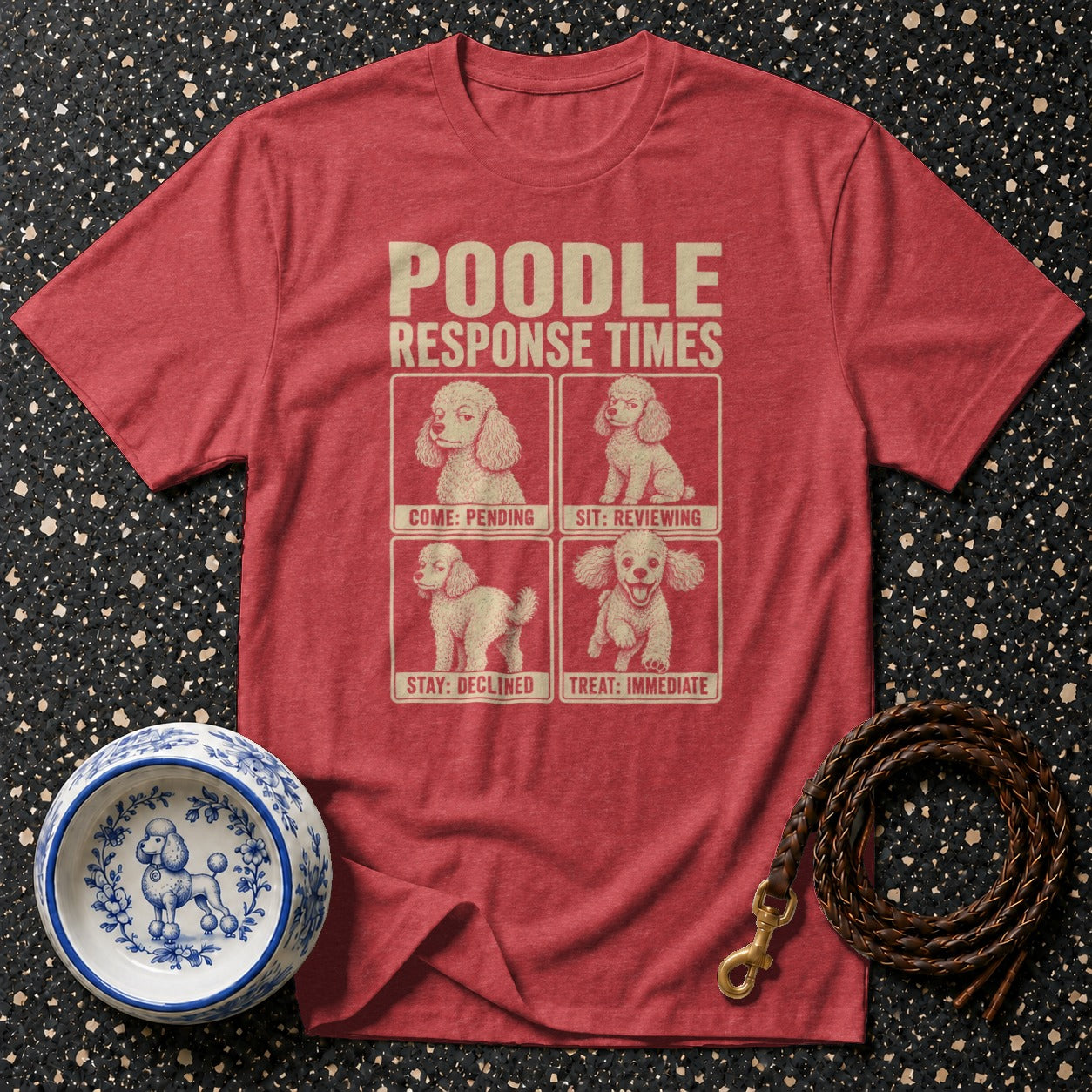 Red t-shirt with "Poodle Response Times" and four poodle images.