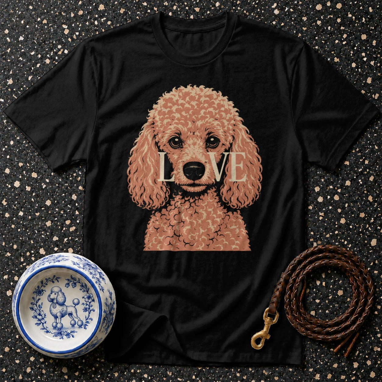 Black t-shirt with a peach poodle graphic and the word "LOVE".